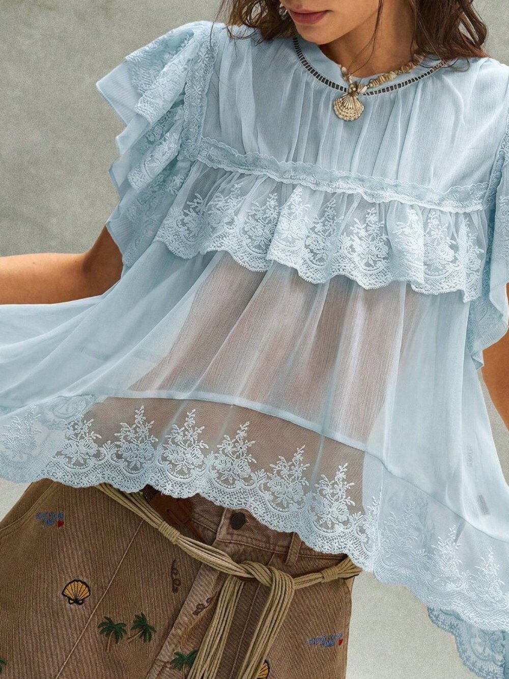 Blue Bohemian Women's Embroidered Ruffled Lace Patchwork Blouse - Picture 5 of 9